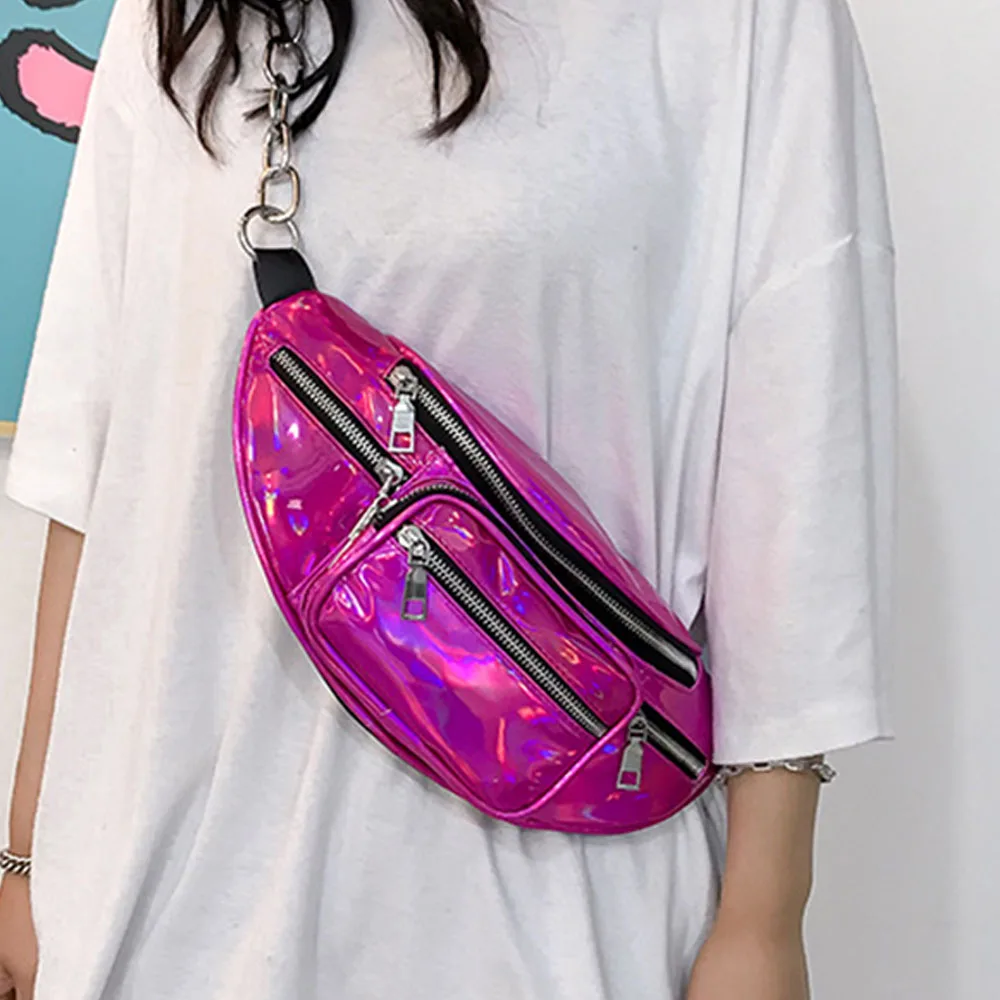 2024 Custom logo private label Shinny PU Leather Holographic Laser waterproof belt bag Fanny Pack Waist Bag for women