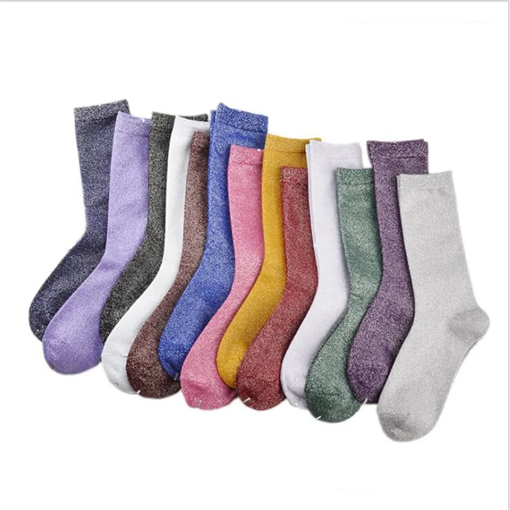 Women Solid Large Size Silver Lurex Socks Plain Knit Colorful Metallic Pink Purple Shiny Winter Ankle Socks