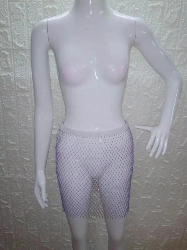 SH1121 Fashion Women Sexy Bodycon Hollow Out Knitting Fishnet Skirt Rhinestone Mesh Midi Skirt