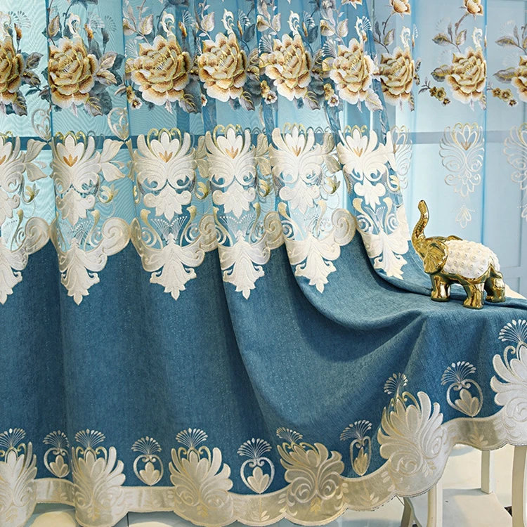 European Style Living Room Bedroom Light Luxury Curtains, Embroidered Chenille Door Window Drapes Blue Color Curtain/