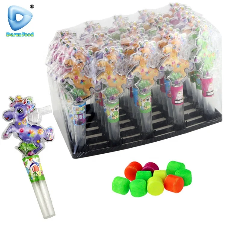 Лидер продаж, пластиковая мультяшная лошадь в форме единорога, свисток, игрушка с конфетами
