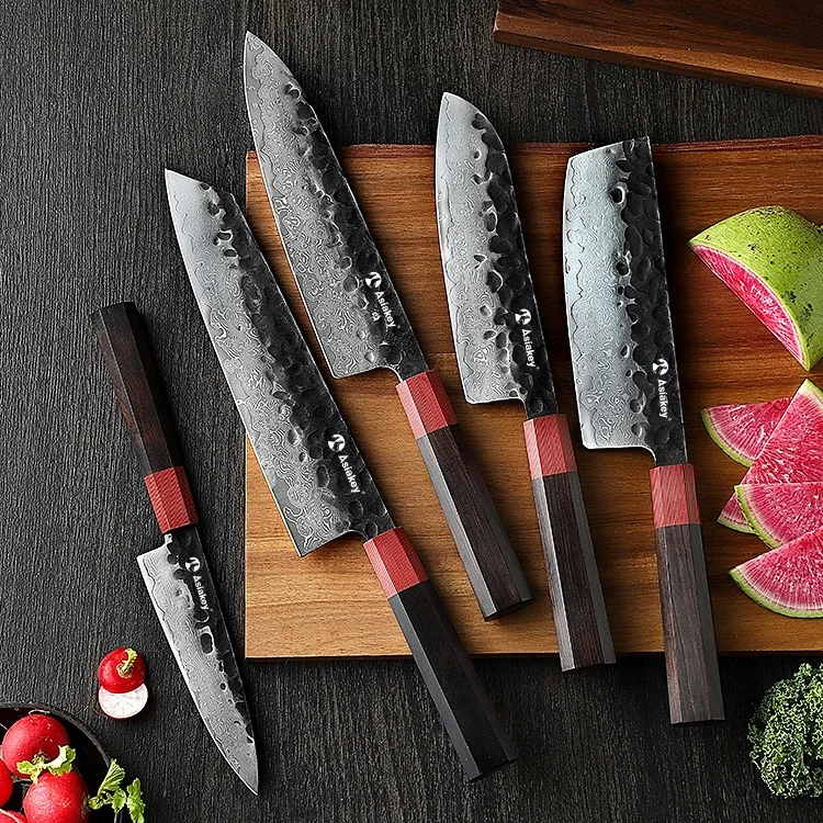5 Pieces High Carbon Damascus Steel VG10 Hand Forged Pattern Restaurant Complete Set of Kitchen Knives Set