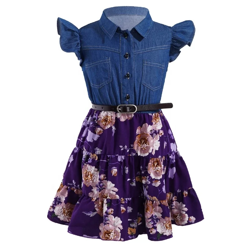 2-14 13 Year Old Casual Kids Dress Designs Korean Denim Child Summer Floral Print Toddler Girls Dresses