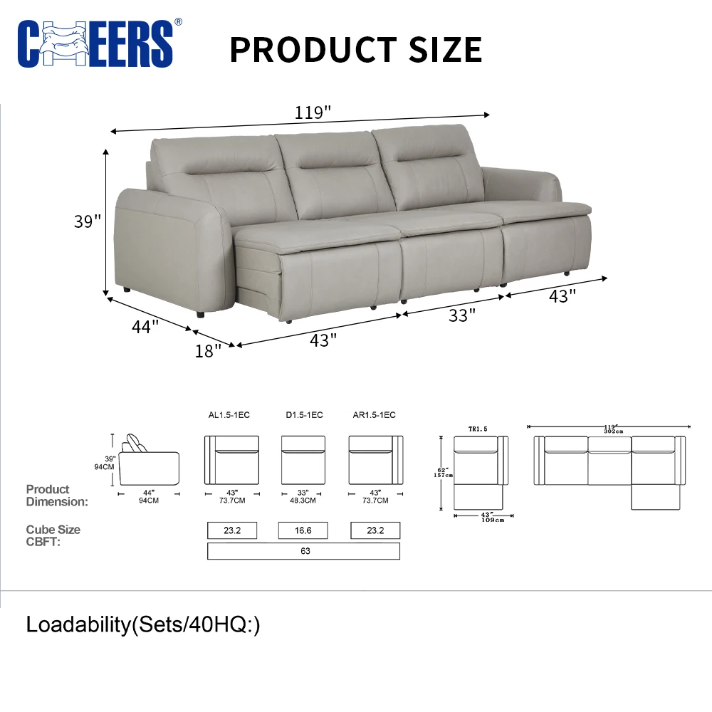 MANWAH CHEERS Leather Power Slide Chaise Wireless remote control Sofa Bed for living room