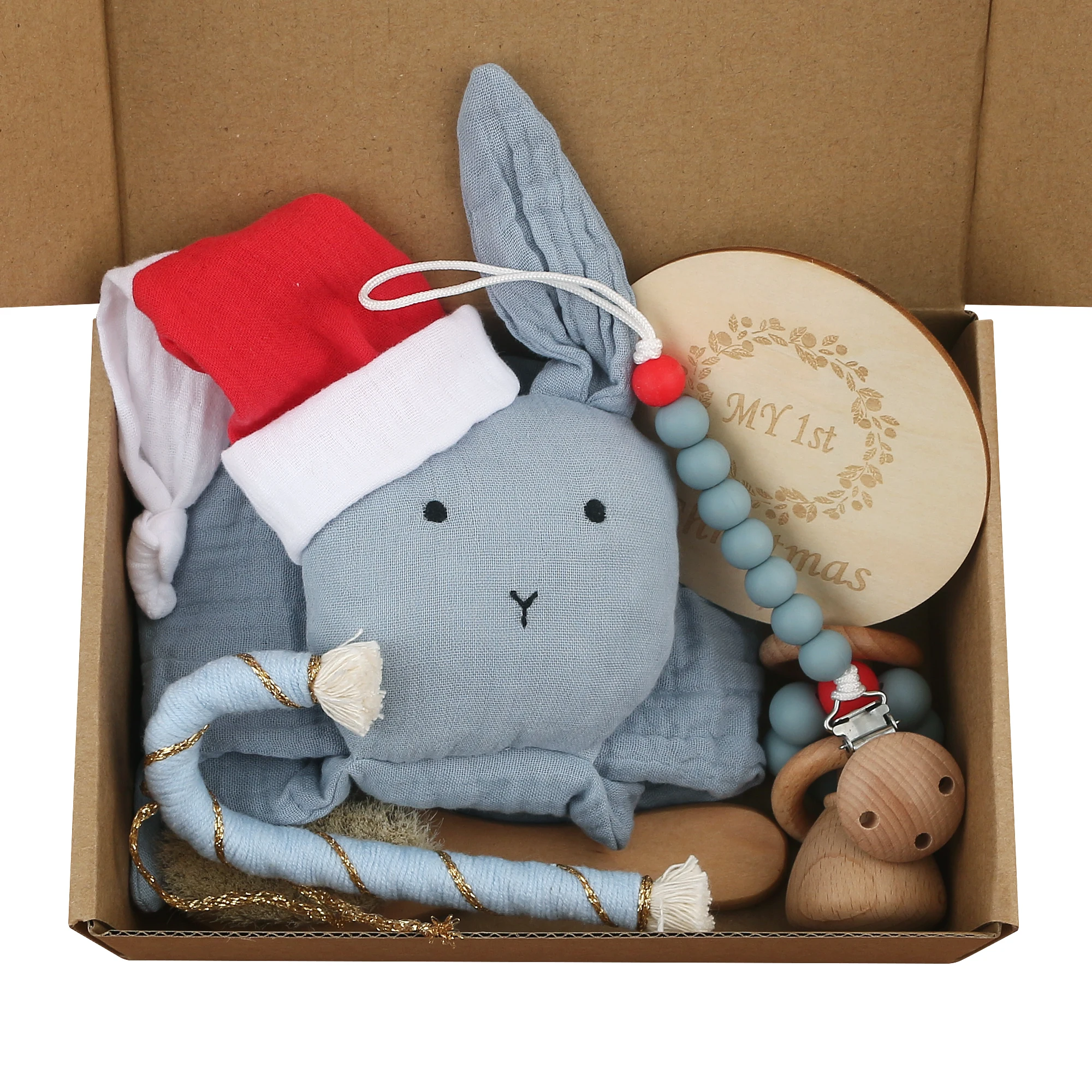 New Arrival Christmas Baby 2 Layers Muslin Cotton Towel Soft Comforter Sleeping Toy Pacifier Clips Gift Set For Newborn