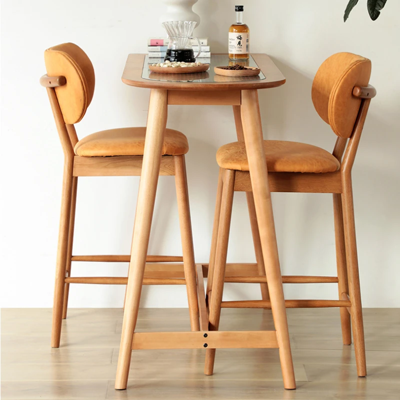 Japanese retro style solid wood bar chair home modern minimalist leather backrest high leg bar stool