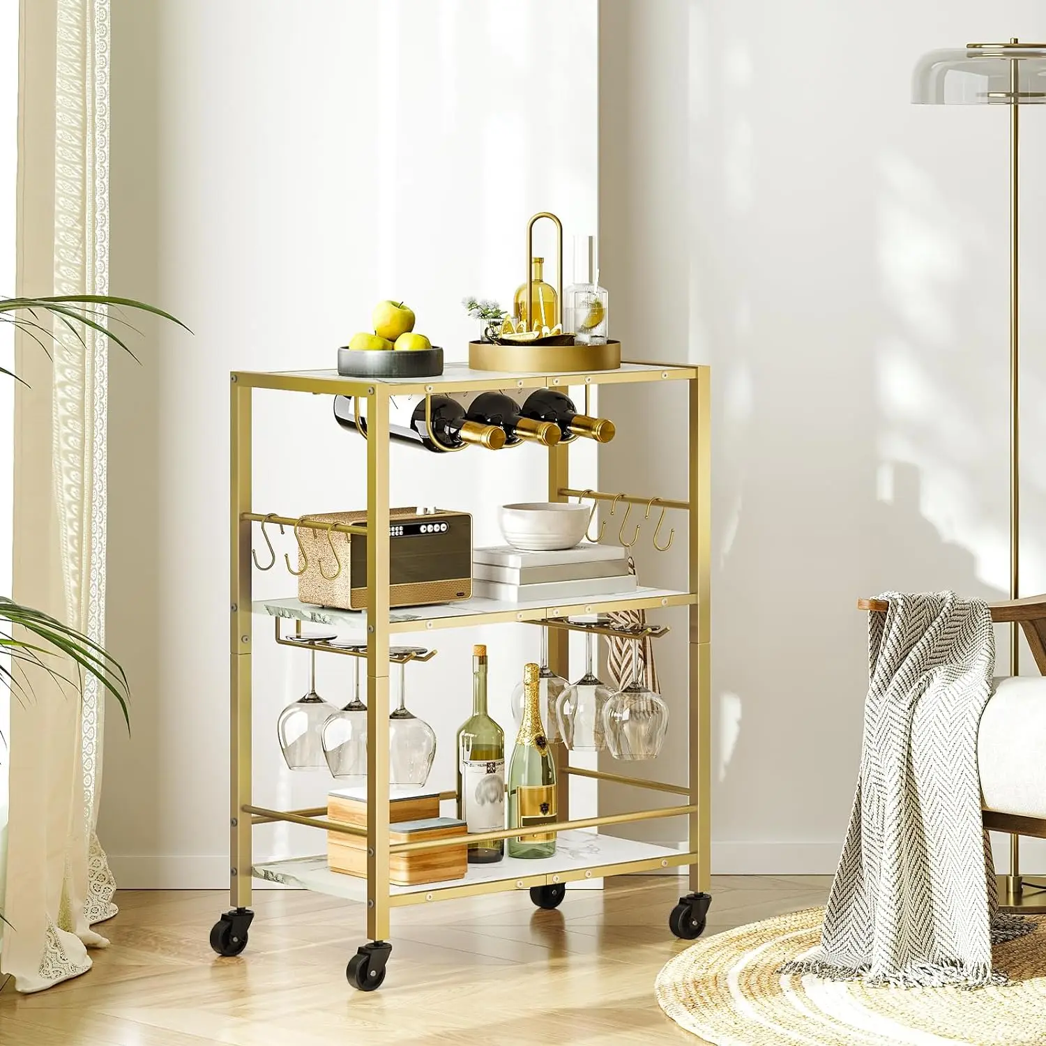 Bar Cart Gold, 3-Tier Serving Cart, Kitchen Cart Mobile Microwave Cart with 6 Hooks Beverage Cart