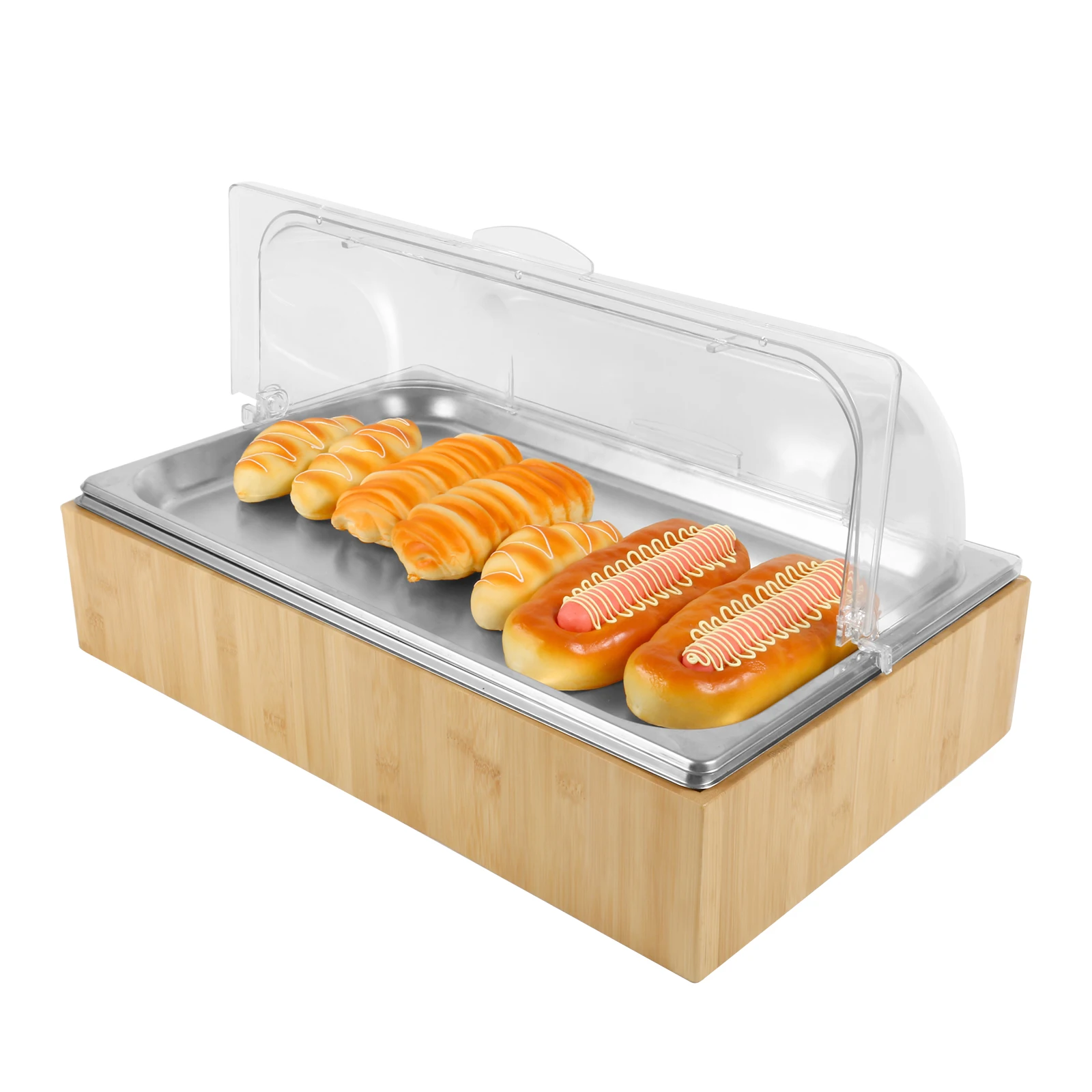 Supplies Buffet Restaurant Hotel snack Display Case Equipment Food Display Pan With Pc Cover Cold Stainless Steel wooden frame