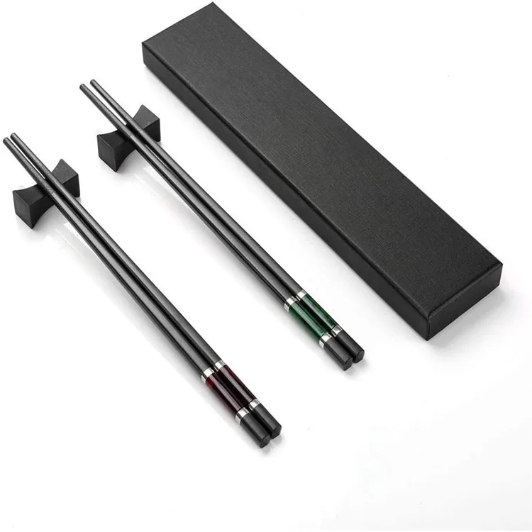 
Set of 2 High Quality Alloy Chopsticks Stainless Steel with Holder Gift Set Chinese Chopsticks Asian Cutlery with Black Box 