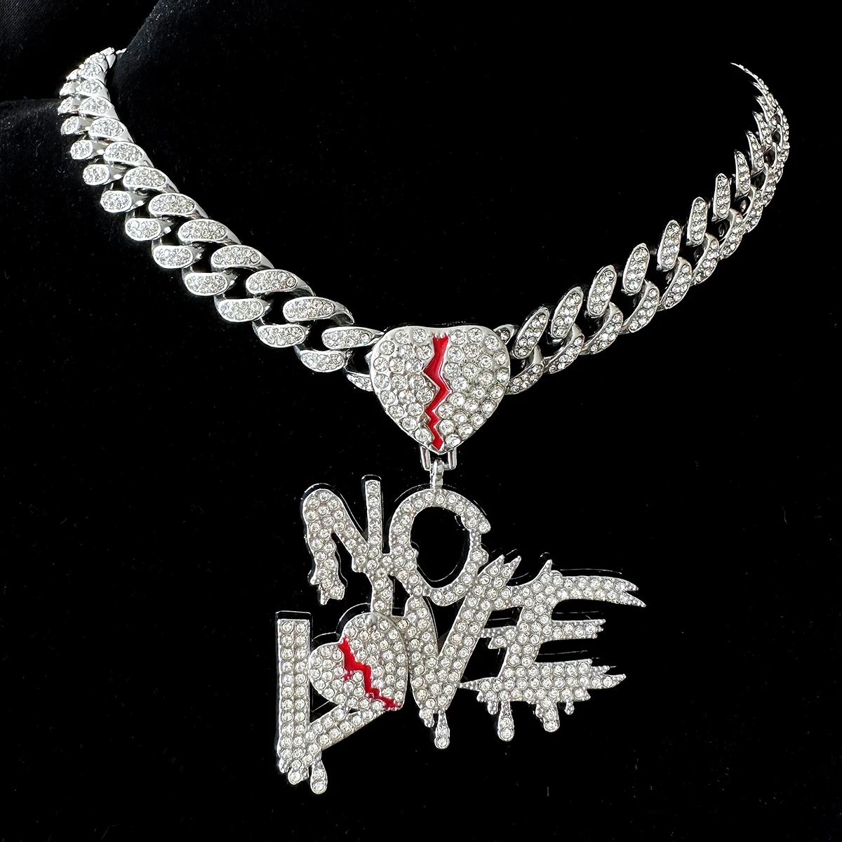 Hip Hop Cuban Chains NO LOVE Necklace Pendants for Men and Women Heart Broke Statement Necklaces Jewelry Iced Out Bling Chain