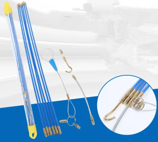 Hot selling Fiberglass Electrical Connectable Fish Tape Pull Kit Cable Rod Set with Hook and Hole Kit in Transparent Tube