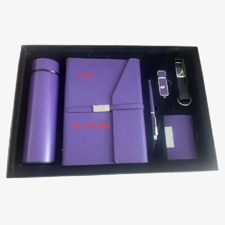 Your logo 6 in 1 Promotional Gift Set: bottle, Pen, Notebook, USB flash driver, Keychain and card holder for Business and Office