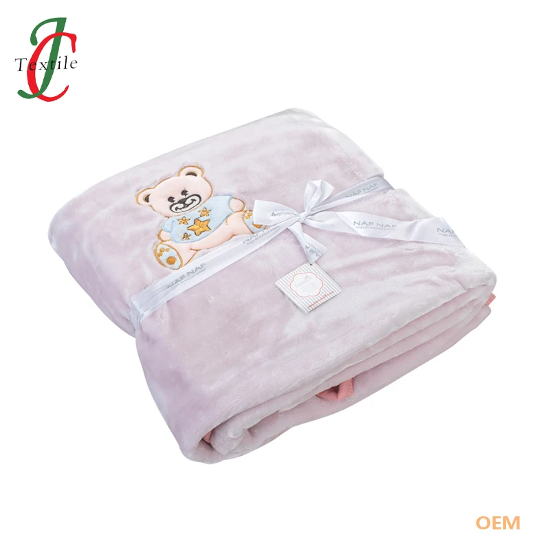 OEM Design Solid Embroidery 2 Plys Flannel Fleece Baby Blanket Sherpa Fleece Kid Children Warm Polyester Fabrics Throw