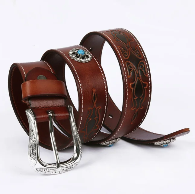 2022 new design ethnic style leather pin buckle belt unisex personalized printing leather belt