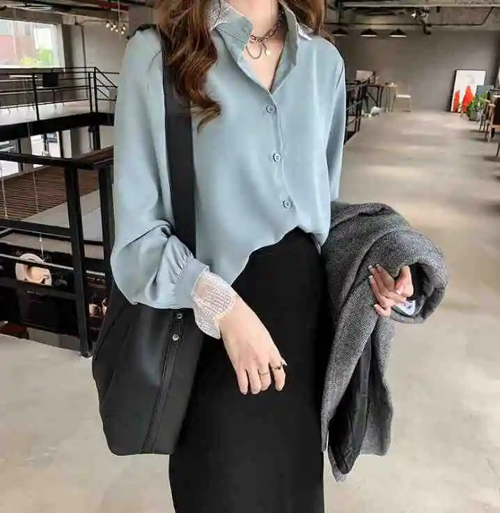 autumn new fashion solid color loose lantern sleeves chiffon shirt female large size long sleeve shirt Han Fan shirt