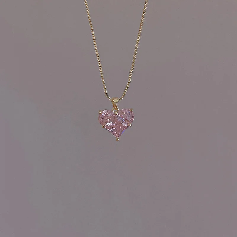 Корейские 925 Серебряные иглы дизайнерские украшения Розовое сердце любовь циркон серьги ожерелье набор ювелирных изделий медное покрытие 14 карат настоящее золото