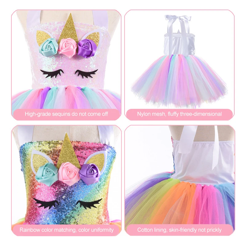 Vibrant Unicorns Dress Up Outfit Multi Colored LED Lights Rainbow Sequin Tulle Girls Tutu Dresses with Colorful Hair Hoop Wings