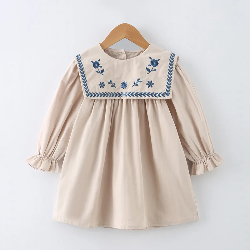 New Korean style kids party long-sleeve dress toddler baby girl Vintage 100% cotton Square Collar embroidered custom dress