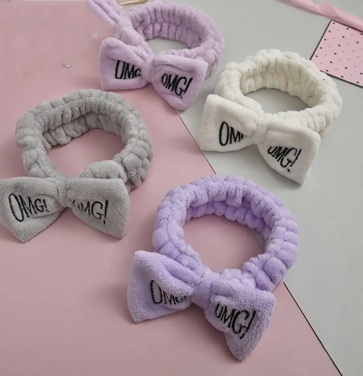 Girls Cute Face Washing Plush Hairband OMG Letters Bow Coral Fleece Headband Makeup Turban Women Hair Accessories