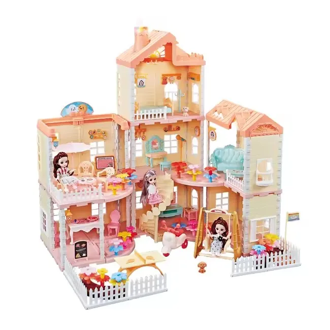 New Arrivals Pretend Play DIY Castle Building Play Set Kids Dream Doll Houses for Girls with Light Chimney Dolls Figures