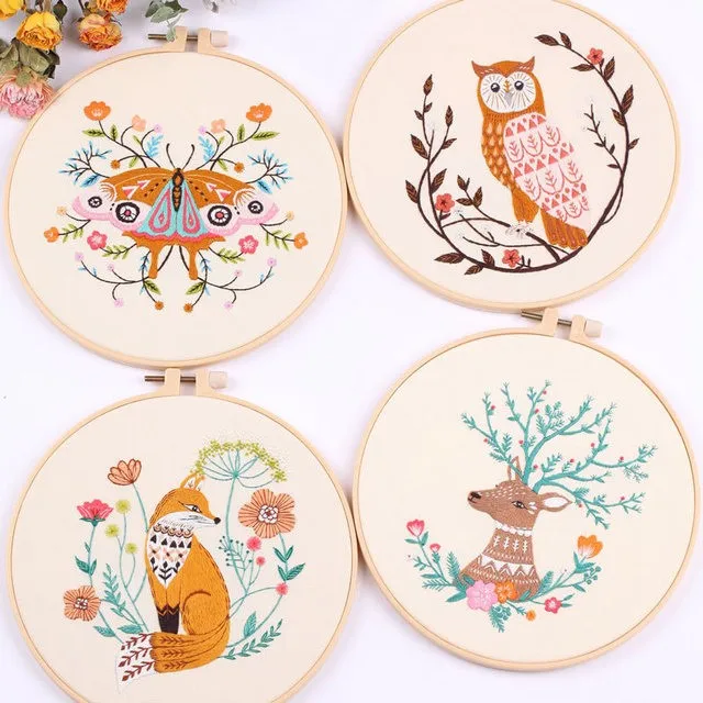 DIY Butterfly fox Pattern Embroidery Set Needlework Tools Printed Beginner Embroidery Round Cross Stitch Kit Sewing Craft Kit