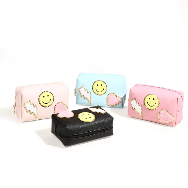 Cute Smiling Face Towel Fabric Embroidered PU Portable Waterproof Makeup Bag Cosmetic Bag Fashion Solid Silicone Zipper Case