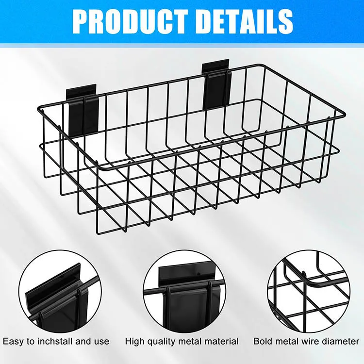 JH-Mech 4 Pcs Slatwall Panel Hanging Wire Basket Large Capacity Adjustable Height Zinc Plated Metal Wire Basket
