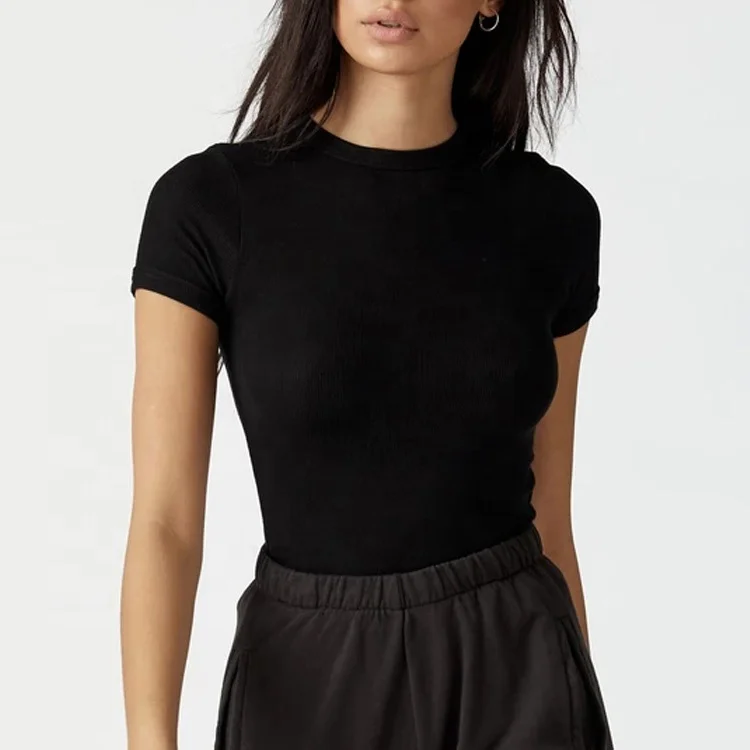 2021 Fashion Custom ribbed black plain t shirts high quality fitted tshirt women