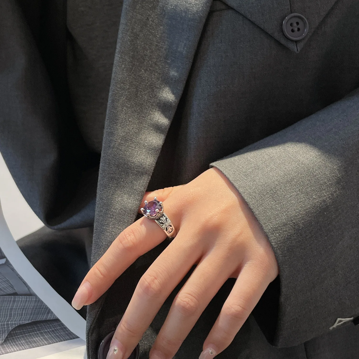 S925 Vintage Purple Zircon Rings for Women Girls Personality Antique Silver Finger Ring Daily Wearing Jewelry Accessories