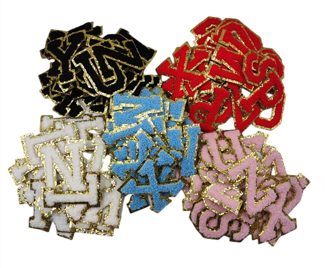 RTS A-Z Letter Patch Golden Sequins Iron On/Self-adhesive Sticker Chenille Patches for Bag