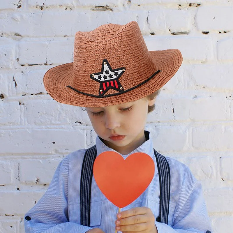 new fashion cheap baby boy girl children curved brim cowboy hat kids five star summer cowboy paper straw hat