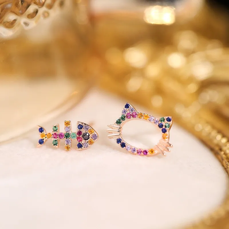 Cat and Fish Girls Solid Sterling Silver Stud Earrings Enamel Kitty Animal Ear Studs Jewelry Gifts for Kids