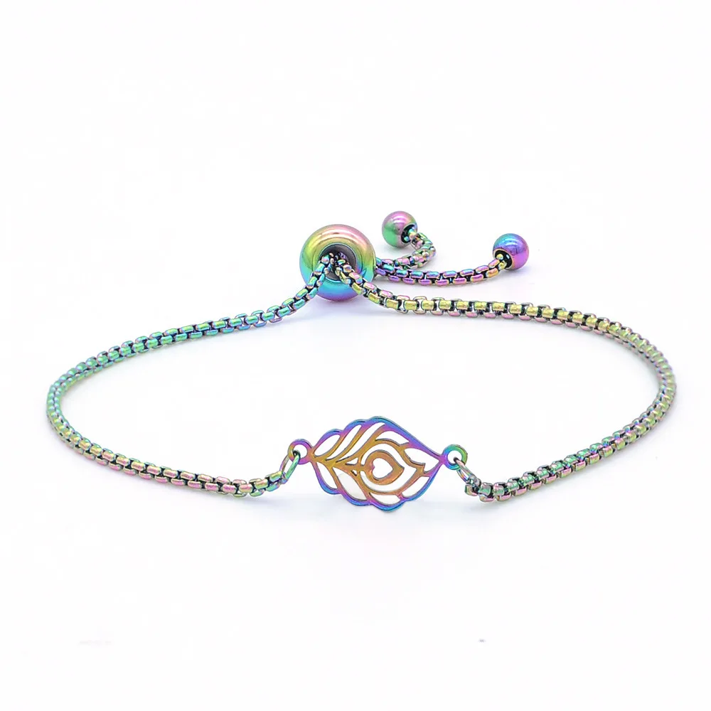 New fashion peacock feather bracelet female stainless steel jewelry adjustable colorful animal feather bracelet