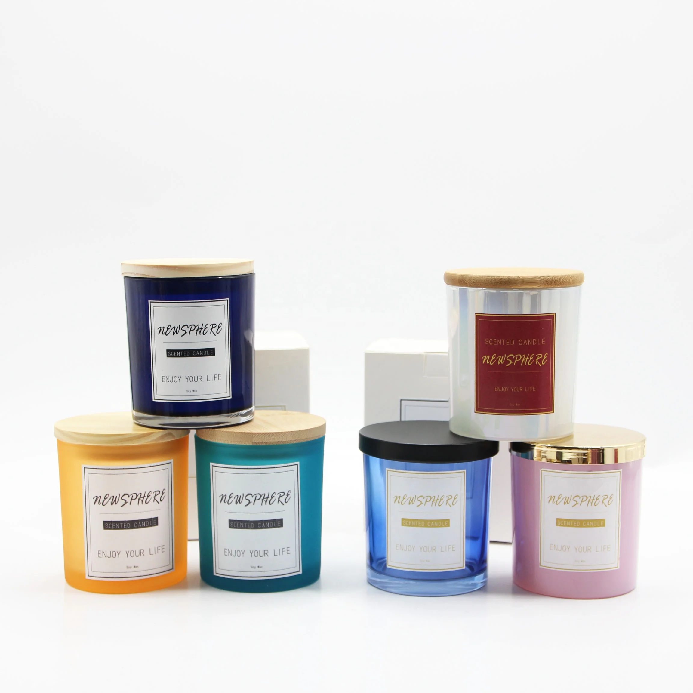 Wholesale Custom Customized Design Unique Solid Colored Frosted White 8 oz 8oz 300ml Empty Candle Jars with Wooden Lid and Box