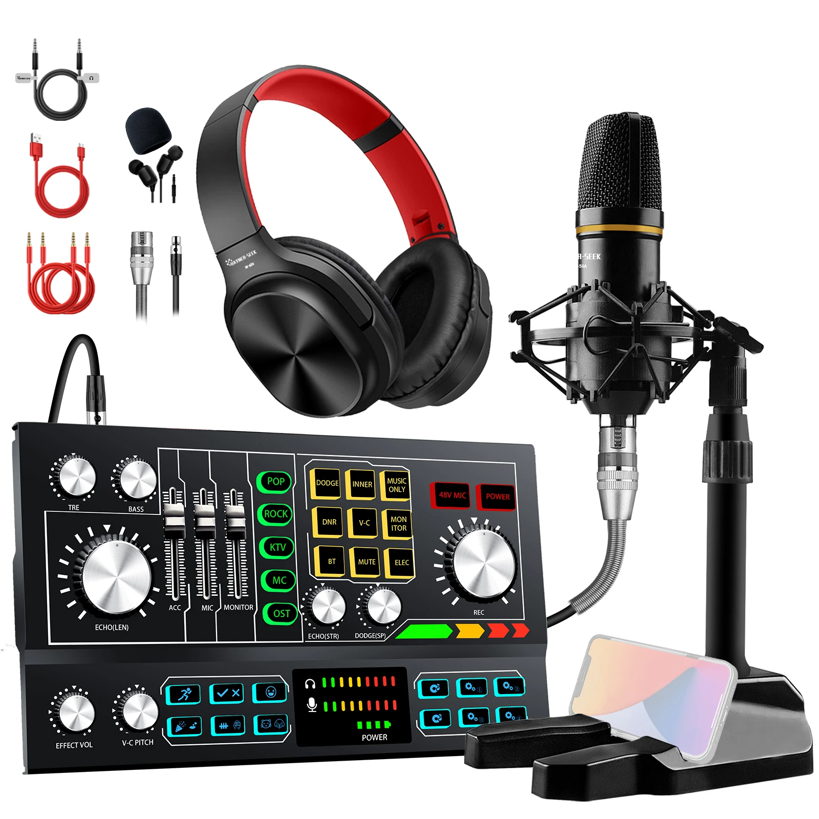 USB Digital Audio Mixer Sound Card Studio Recording With 48V XLR Microphone and Monitor Headphone