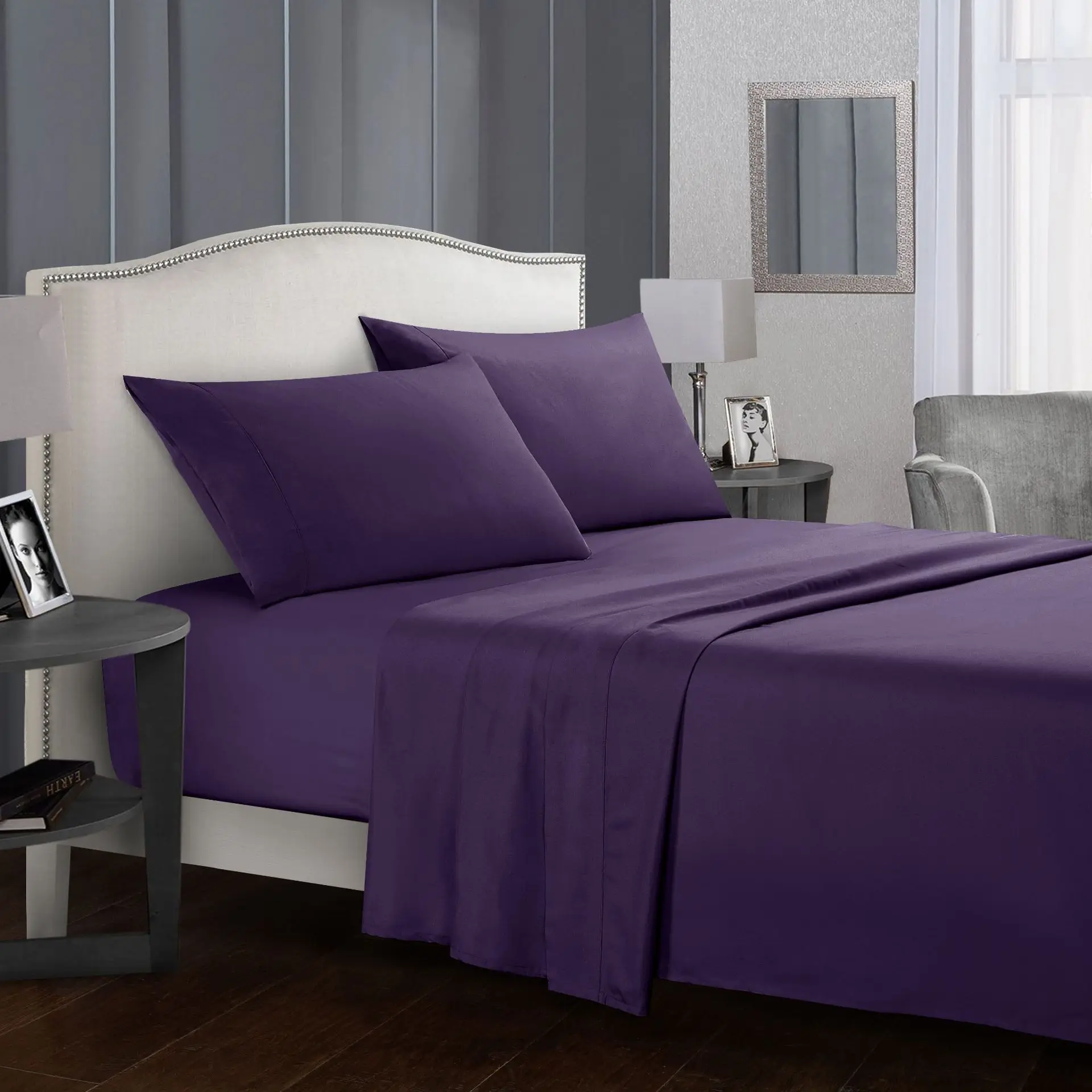 Factory Wholesale Modern Style Custom Plain colour Four-piece Bed Sheet Set Brushed Polyester Fitted & Flat sheets
