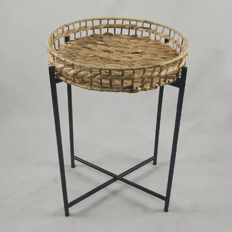 Foldable water hyacinth woven round side table