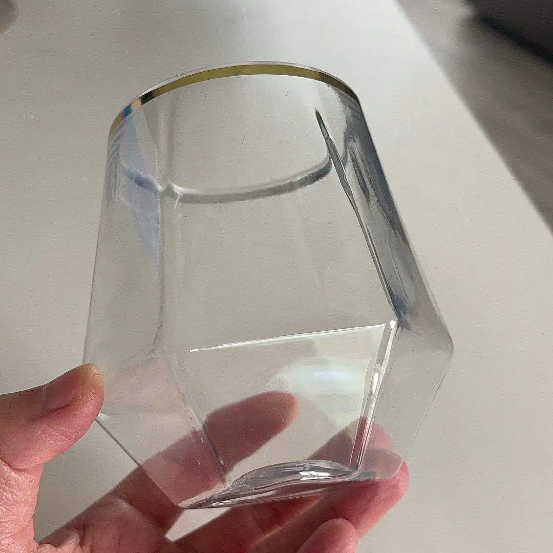 Pet 12oz Gold Rose Rim Diamond Egg Shaped BPA-Free Unbreakable Disposable Shatterproof Recycled Plastic Stemless Wine Glasses