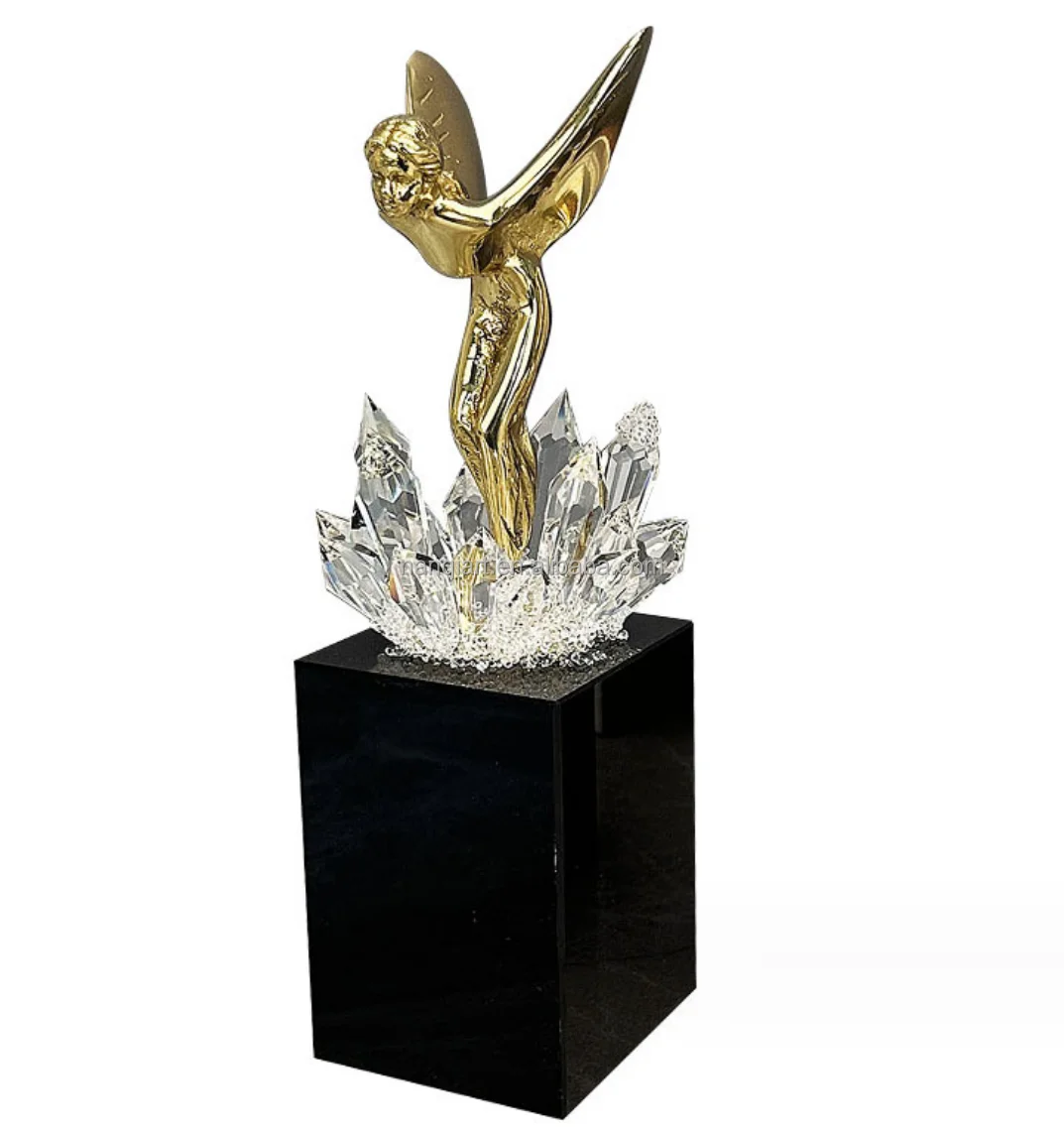 Handmade Mini Copper Angel Figure Artificial Creative Character Statues Natural Crystal Black Marble Base Indoor Home Decoration