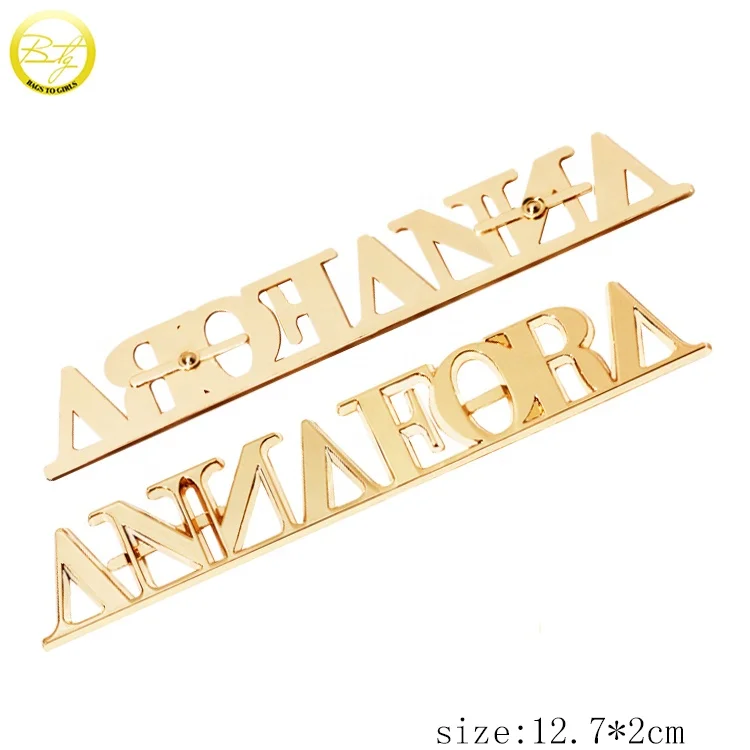Custom purse metal embossed letter logos handbag accessory metal gold tags decorative alphabet name plate for leather wallet