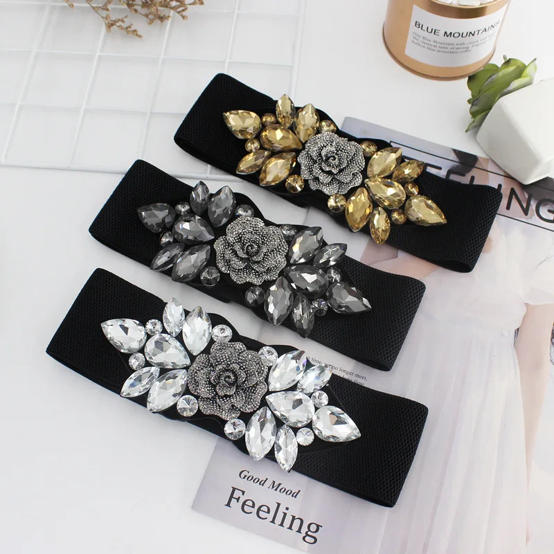 Factory Wholesale Crystal Ladies Stretch Elastic Belt Wide PU Waistband Belt Fashion Accessories For Women Belt