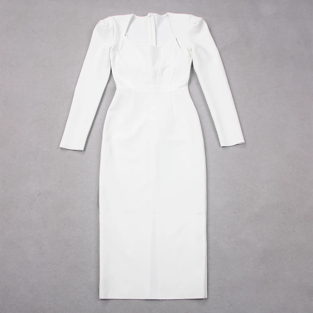 High Quality Long Sleeve Shoulder Pads Knitted Solid Color Women Elegant Bandage Dress