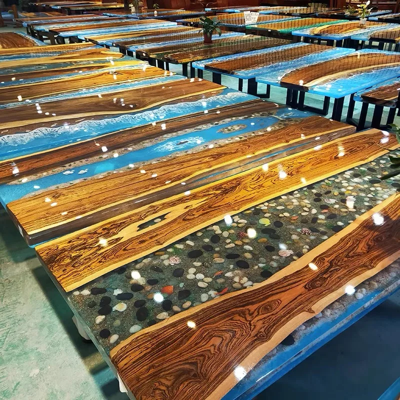 Custom Solid Walnut Wood Villa Hotel Restaurant Dinner Kitchen Dining Room Table River Handmade Epoxy Resin Slab with Shells