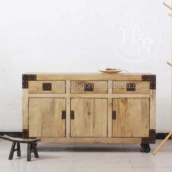 Chinese antique recycle wood metal wheel leg natural industrial style furniture