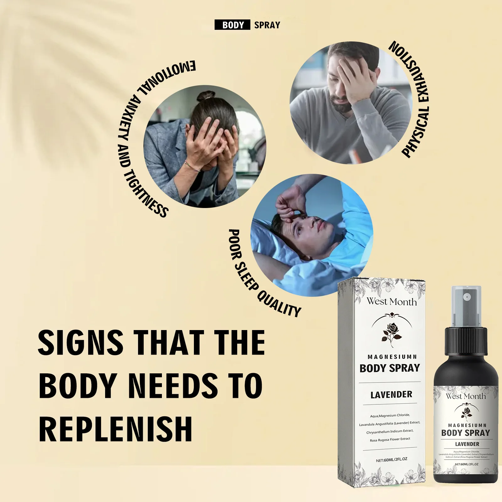 West&Month 60ml Body Spray Customer/Private Label Relieve Muscle Tension and Fatigue and Promote Body Relaxation Treatment Spray