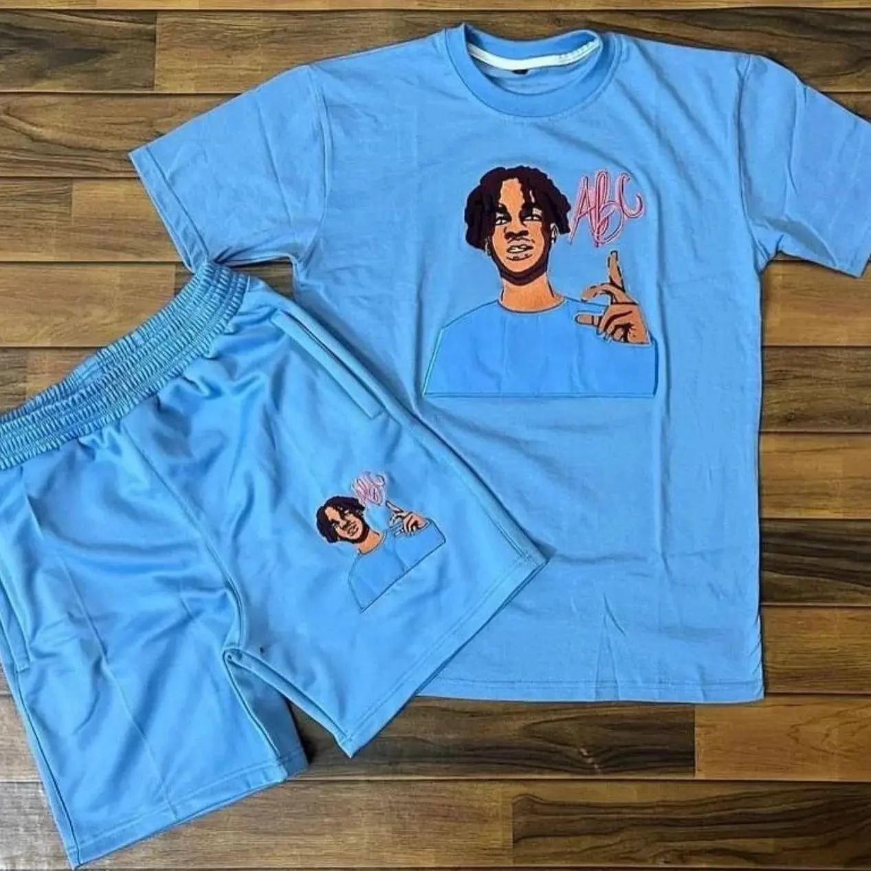 Sky Bule Summer Shorts Set Custom Logo Mens Shorts Set Summer 2 Piece Shorts Set Men Tracksuit