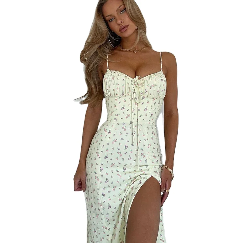 New fashion womens floral dresses slit midi dress