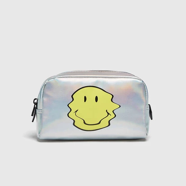 Custom travel Zipper Pouch Personalized Fashion Cosmetic Bag Make up bag with Smile  Iridescence PU For Women