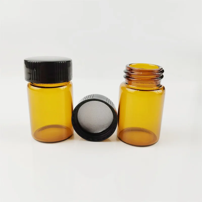 15ml small clear glass pill bottle wide mouth for tablet pharmaceutical round glass amber medicine bottle with black screw lid