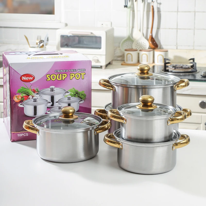 Hot Sale 10pcs Stainless Steel pots Gold Handle Kitchen Cookware Sets Induction Cooking Pots Glass Casserole Collection